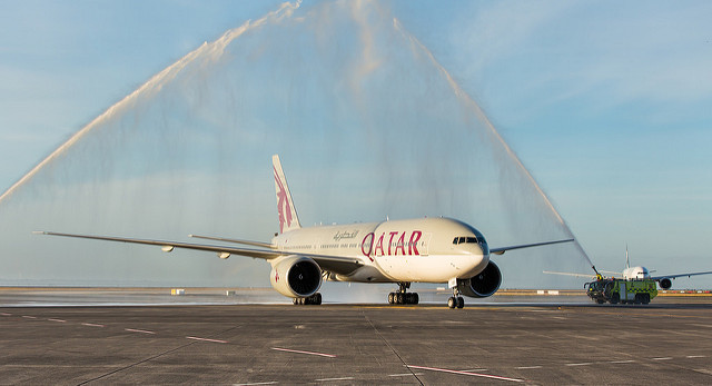 Auckland Airport welcomes the flight with a traditional water cannon salute